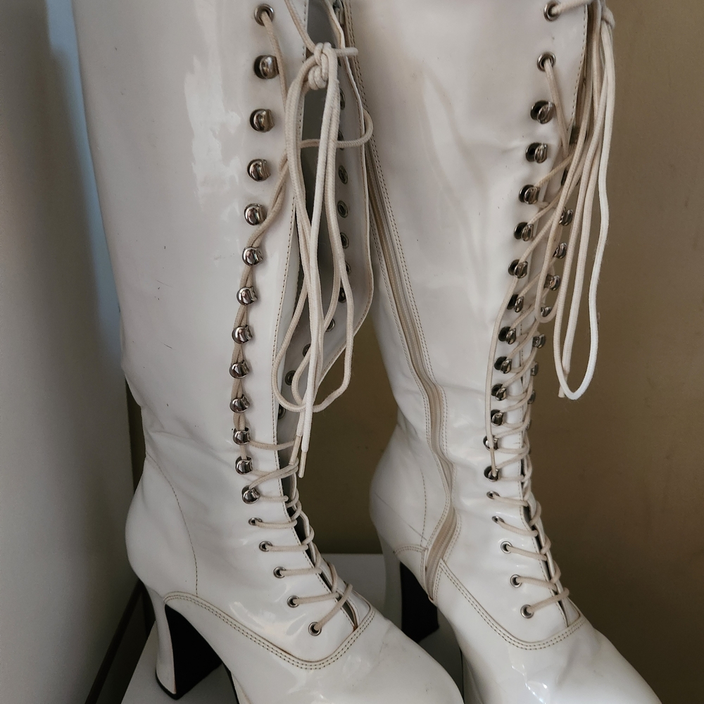 Women's White Lace-Up Knee-High Boots